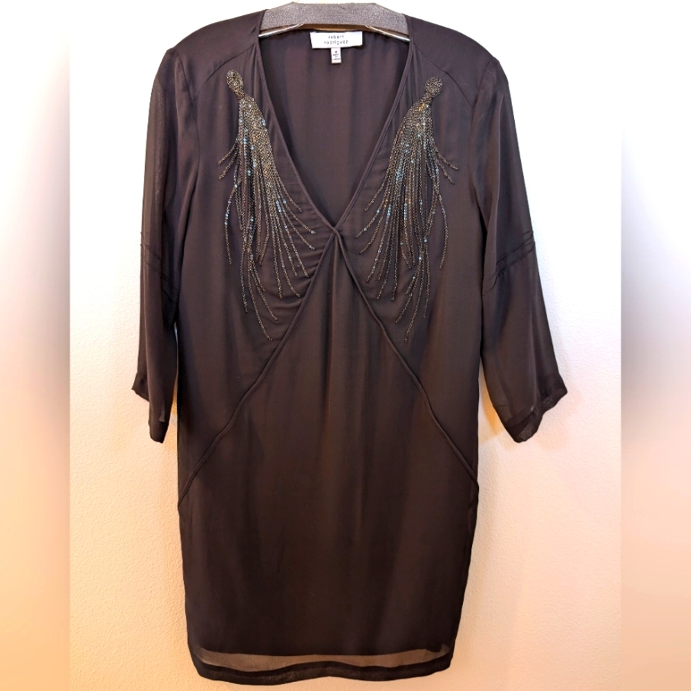 Robert Rodriquez silk long sleeve beaded shift dress size 4